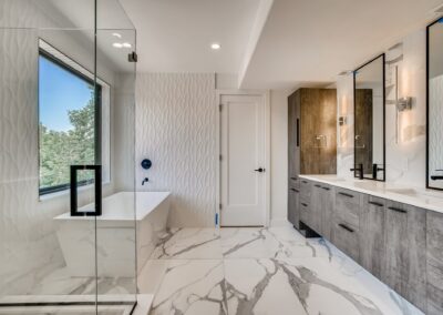 a stylish bathroom with marble tiles