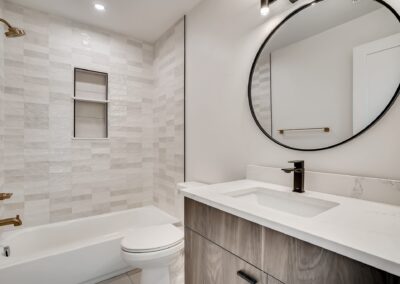 a stylish bathroom with a bathtub