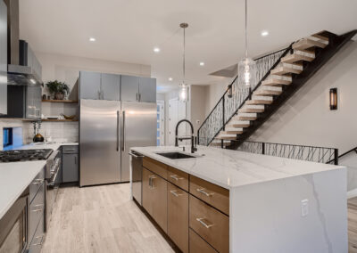 Kitchen island with white marble countertop