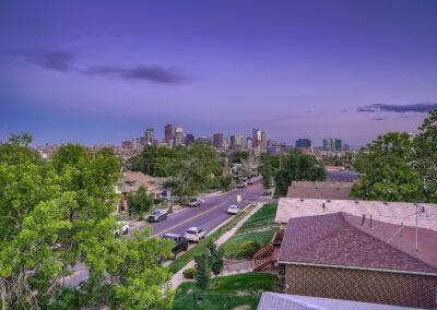 aerial view of a residential area and a road